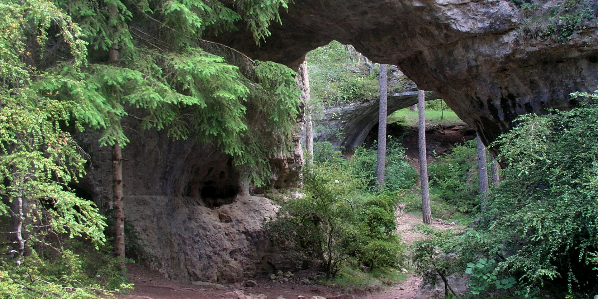 Les Arcs de Saint Pierre on the Causse Méjean. Limestone arch on a hiking trail called Le sentier des Arcs Saint Pierre.