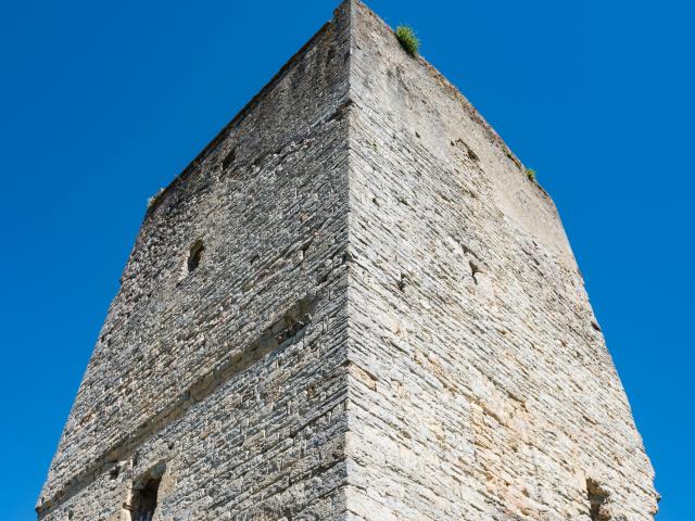 Chanac's square tower overlooking the Lot Valley