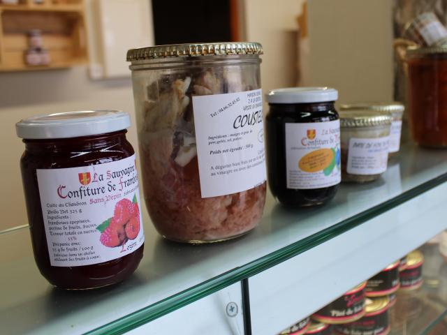 Artisanal products on sale in the store at Point Sublime, jam, pâté and other preserved charcuterie.