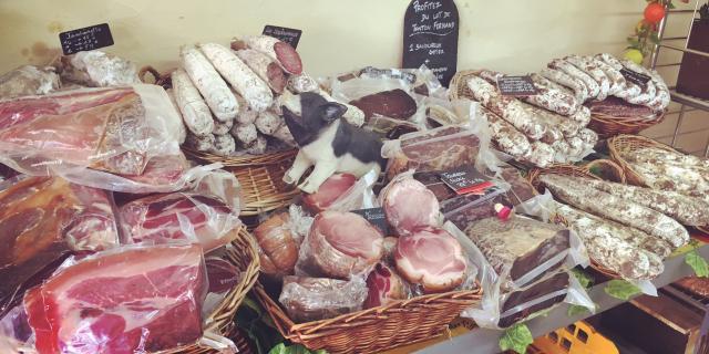 Charcuterie stall, sausage, salami, ham...
