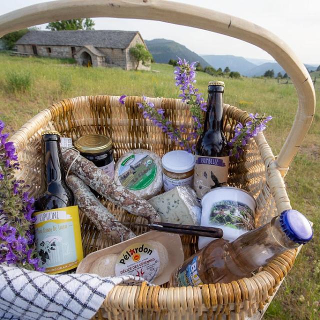 Basket of local products, cheese, charcuterie, jam and beer
