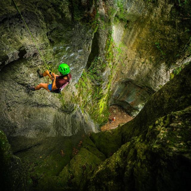 Abseiling down the Pas de Soucy dry canyon in the Gorges du Tarn