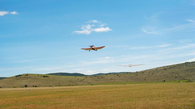 Two planes take off from Chanet airfield in the heart of the Causse Méjean.