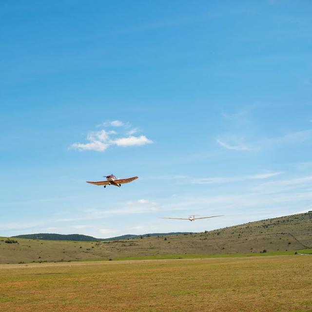 Two planes take off from Chanet airfield in the heart of the Causse Méjean.