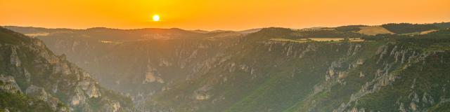 Sunset and panoramic view of the Gorges du Tarn from Roc des Hourtous on the Causse Méjean